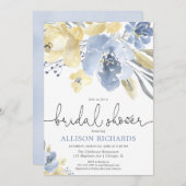 挨りだらけの青および黄色の花のブライダルシャワー 招待状 (正面/裏面)