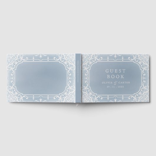 挨りだらけの青くエレガントでロマンチックなヴィンテージの結婚 ゲストブック (全面)