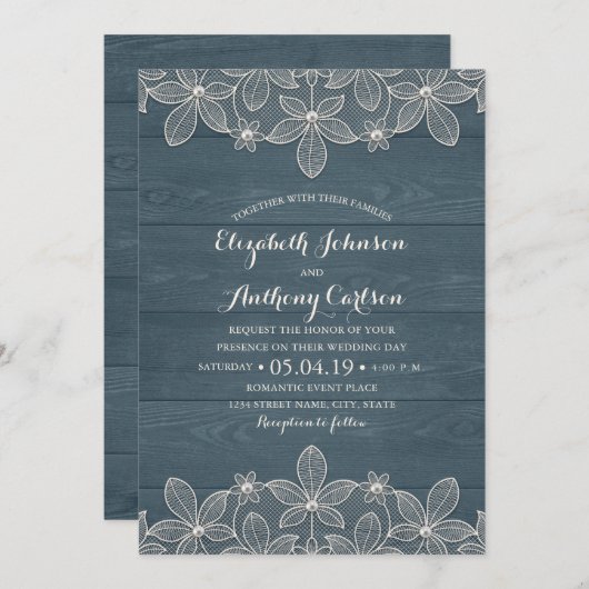 挨りだらけの青く素朴な木製のレースおよび真珠の結婚 招待状 (正面/裏面)
