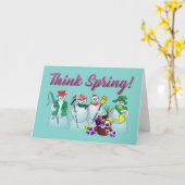 挨拶している雪だるまおよびパンジーが付いている春を考えて下さい カード (黄色い花)