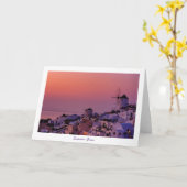 挨拶状- Santoriniの日没、ギリシャ カード (黄色い花)