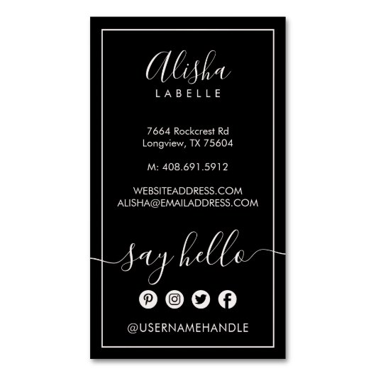 挨拶 |エレガントなブラック&ブルースピンクソーシャル マグネット名刺 (正面縦)