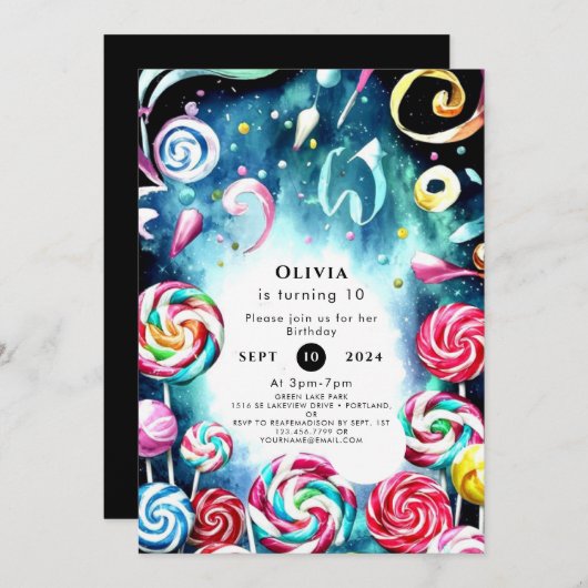振りお洒落掛けキャンディランド誕生日 招待状 (正面/裏面)