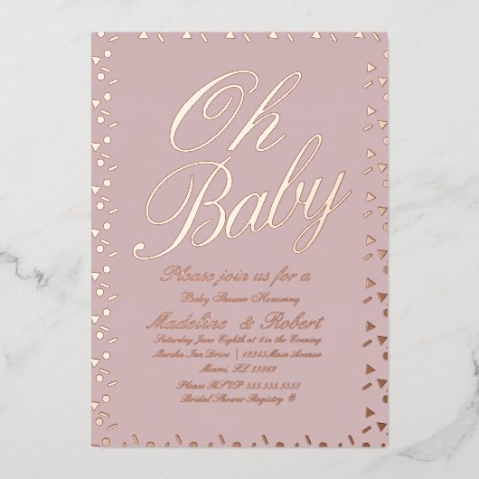 振りかけるドット紙吹雪赤ちゃんシャワーピンク押し 箔招待状 (正面)