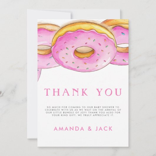 振りかけるドーナツ水彩ピンク赤ちゃんシャワー サンキューカード (正面)