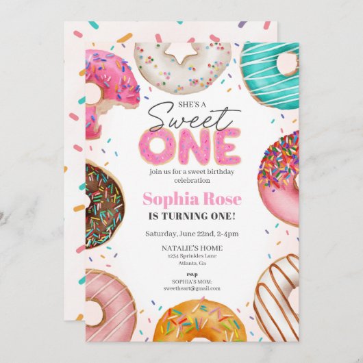 振りかけるドーナツ甘い1歳の誕生日パーティー 招待状 (正面/裏面)