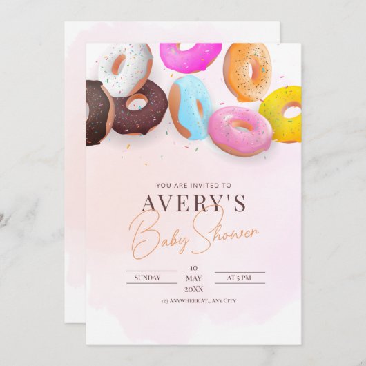 振りかけるドーナツ赤ちゃんシャワーピンクの女の子ベビーシャワー 招待状 (正面/裏面)
