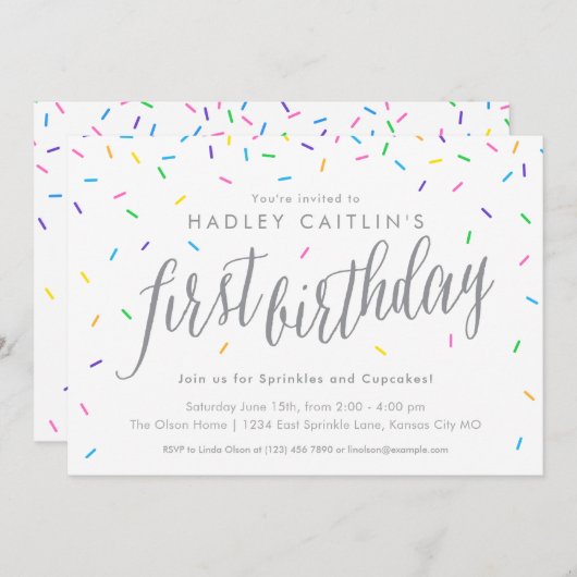 振りかける最初の誕生日招待状かわいい&モダンCute 招待状 (正面/裏面)