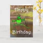 振り、泳いでいる緑カエルハッピーバースデー カード (黄色い花)