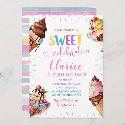 振カラフルりかけるアイスクリーム誕生日招待状 招待状 (正面/裏面)