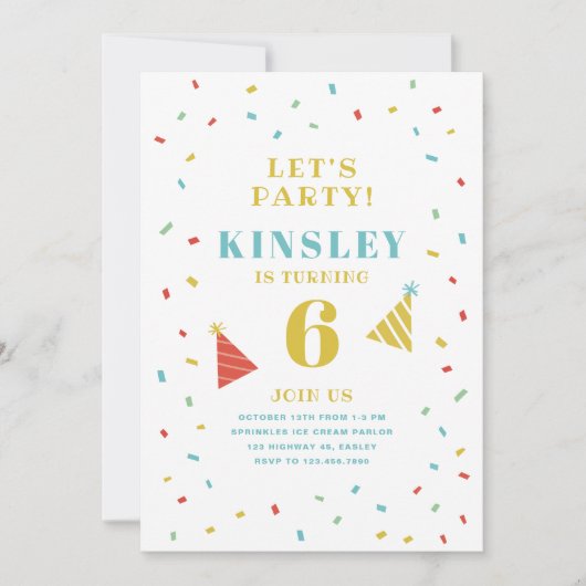 振モダンカラフルりかける子供の誕生日パーティー 招待状 (正面)