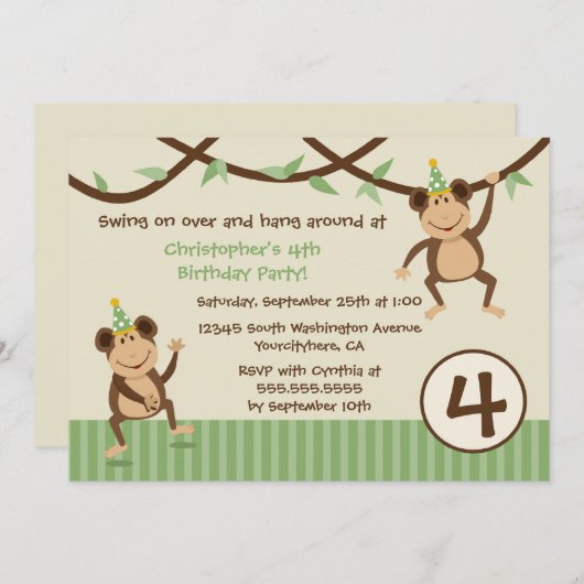 振動猿の男の子の誕生日のパーティの招待状 招待状 (正面/裏面)
