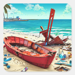 捨てられた古いボート、ボトル、残骸 スクエアシール