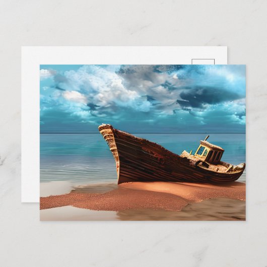 捨てられた砂浜のビーチに捨てられたボート ポストカード (正面/裏面)