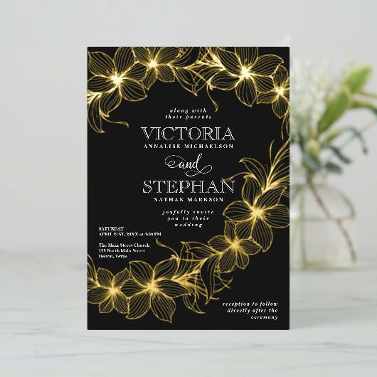 掃エレガント除フローラ植物冬の結婚式 箔招待状 (立ち正面)