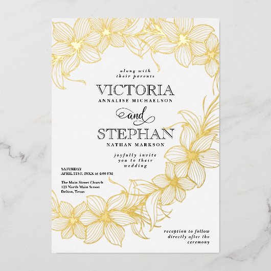 掃エレガント除フローラ植物学春の結婚式 箔招待状 (正面)