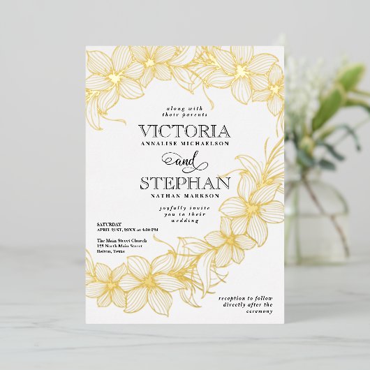 掃エレガント除フローラ植物学春の結婚式 箔招待状 (立ち正面)