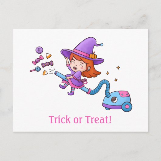 掃除機の小さな魔女でトリックまたは治療 ポストカード (正面)