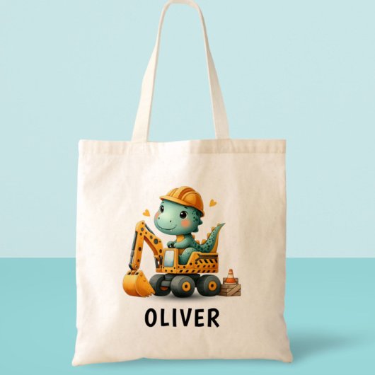 掘削機に乗った可愛い作業恐竜 トートバッグ