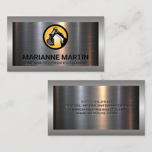 掘削機のロゴ |金属アルミニウムシルバーブラシ仕上げ 名刺 (正面/裏面)