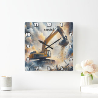 掘削機の動力：建築、ほこり、空 スクエア壁時計