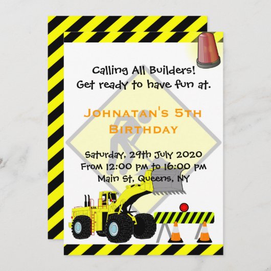 掘削機の建築の誕生日の招待状 招待状 (正面/裏面)