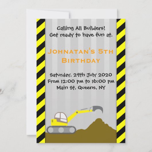 掘削機の建築の誕生日の招待状 招待状 (正面)