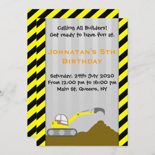 掘削機の建築の誕生日の招待状 招待状 (正面/裏面)