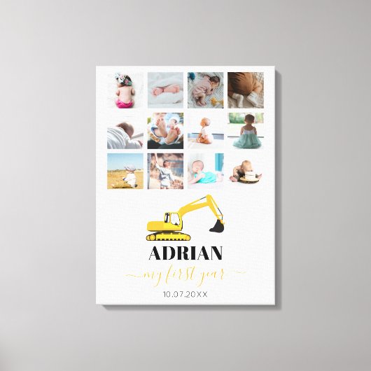 掘削機トラックベビー初年度フォトコラージュ キャンバスプリント (正面)