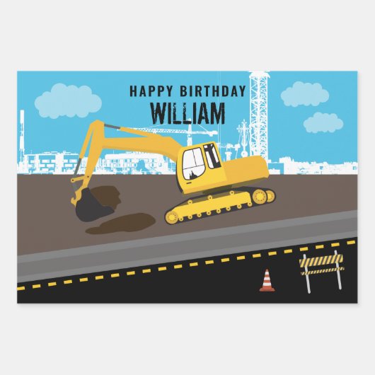 掘削機トラック建築トラックサイト誕生日 ラッピングペーパーシート (正面)