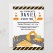 掘削機建築コーン子供の誕生日パーティー 招待状 (正面)