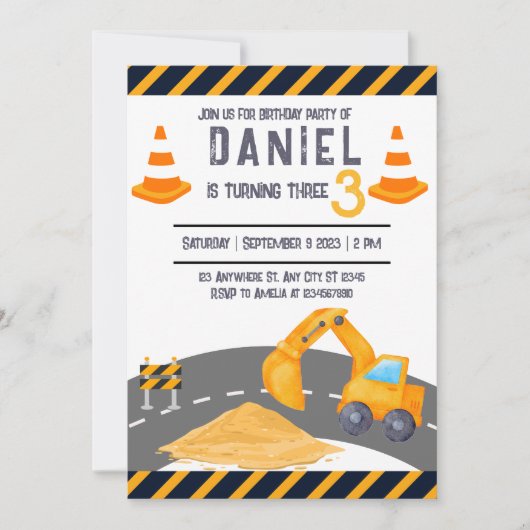 掘削機建築コーン子供の誕生日パーティー 招待状 (正面)