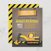 掘削機建築テーマ子供の誕生日パーティー 招待状 (正面/裏面)