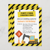 掘削機建築テーマ子供の誕生日パーティー 招待状 (正面/裏面)