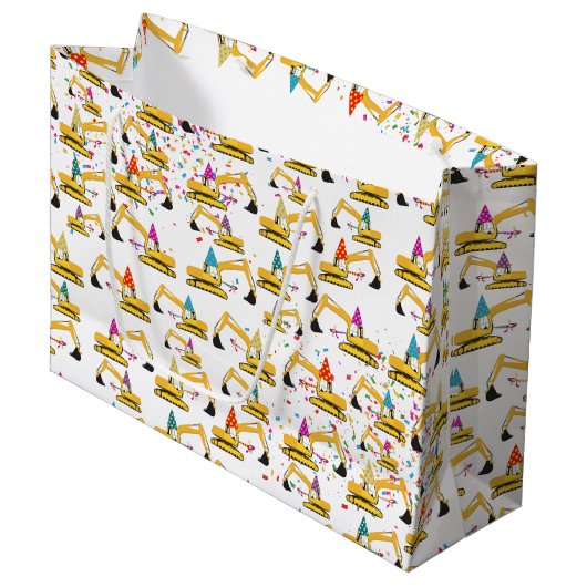 掘削機建築トラックパーティーパターン ラージペーパーバッグ (正面アングル)