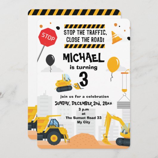 掘削機建築子供の誕生日招待状 招待状 (正面/裏面)