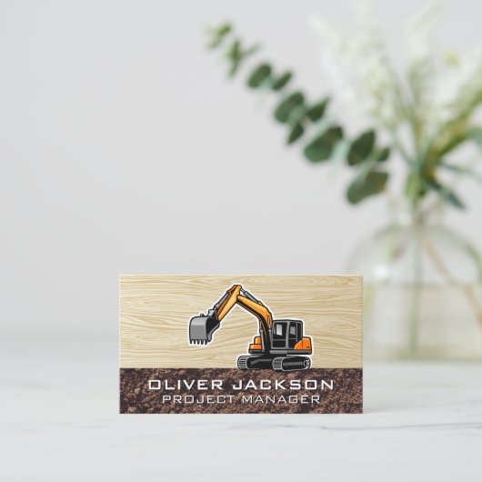 掘削機建築車 | 木目 名刺 (スタンド正面)