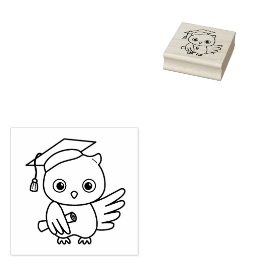 掛け軸を持つ帽子のかわいい卒業フクロウ ラバースタンプ (押印)