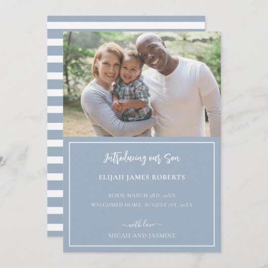 採用に関する発表(青と白ストライプ) 案内状 (正面/裏面)