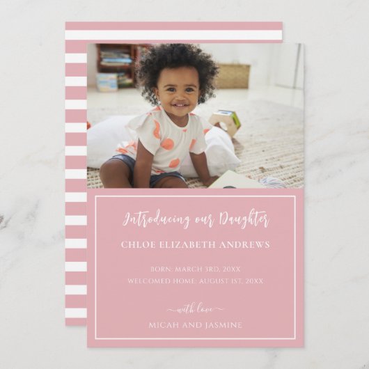 採用のお知らせピンクと白のストライプ 案内状 (正面/裏面)