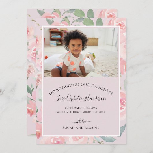 採用のお知らせ赤面ピンクフローラ 案内状 (正面/裏面)