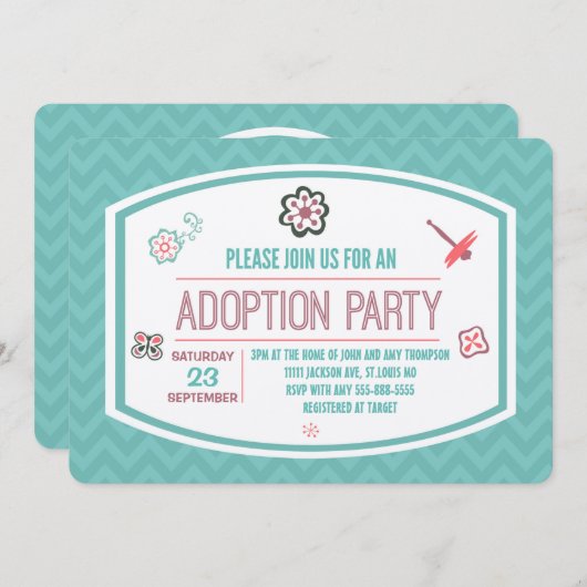 採用のシャワーのモダンなピンク及び青い蝶 招待状 (正面/裏面)