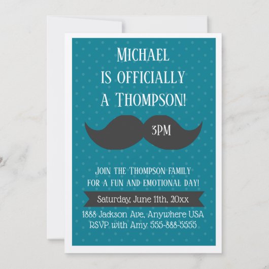 採用のパーティーのモダンな髭の青の発表 招待状 (裏面)