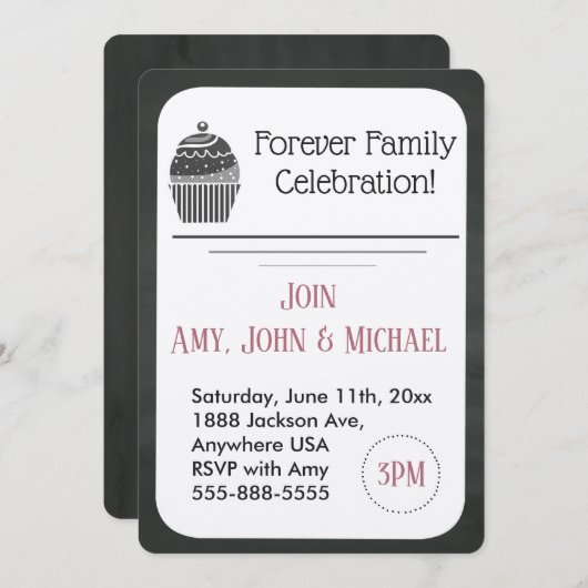 採用のパーティーの黒板のカップケーキの発表 招待状 (正面/裏面)