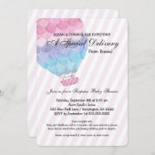 採用の女の子のベビーシャワー、ピンクの熱気の気球 招待状 (正面/裏面)