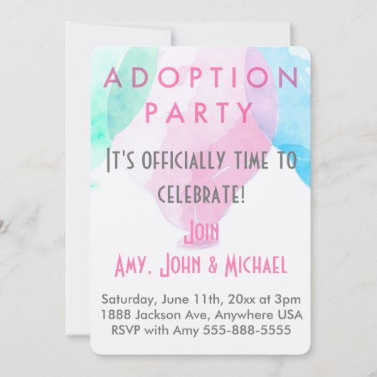 採用パーティーのピンク&ブルーバルーンの発表 招待状 (正面)