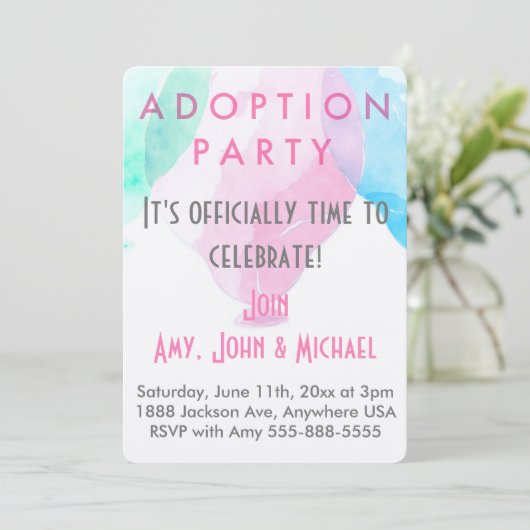 採用パーティーのピンク&ブルーバルーンの発表 招待状 (スタンド正面)