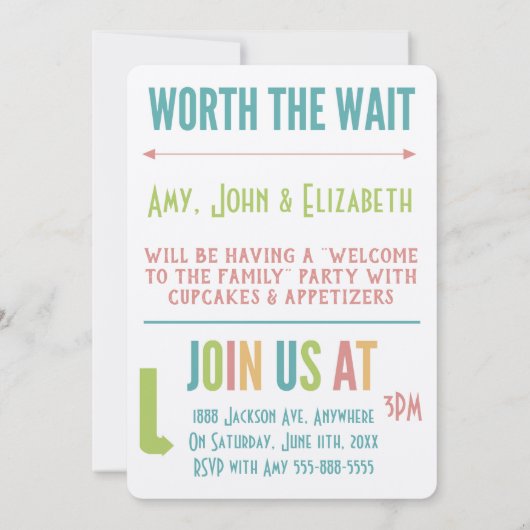 採用パーティーモダンの明るい色の発表 招待状 (裏面)