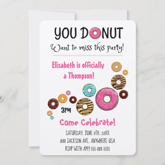 採用パーティーモダンピンクドーナツパーティー 招待状 (正面)