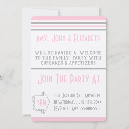 採用パーティーモダン：ピンク&グレーストライプの製品 招待状 (裏面)